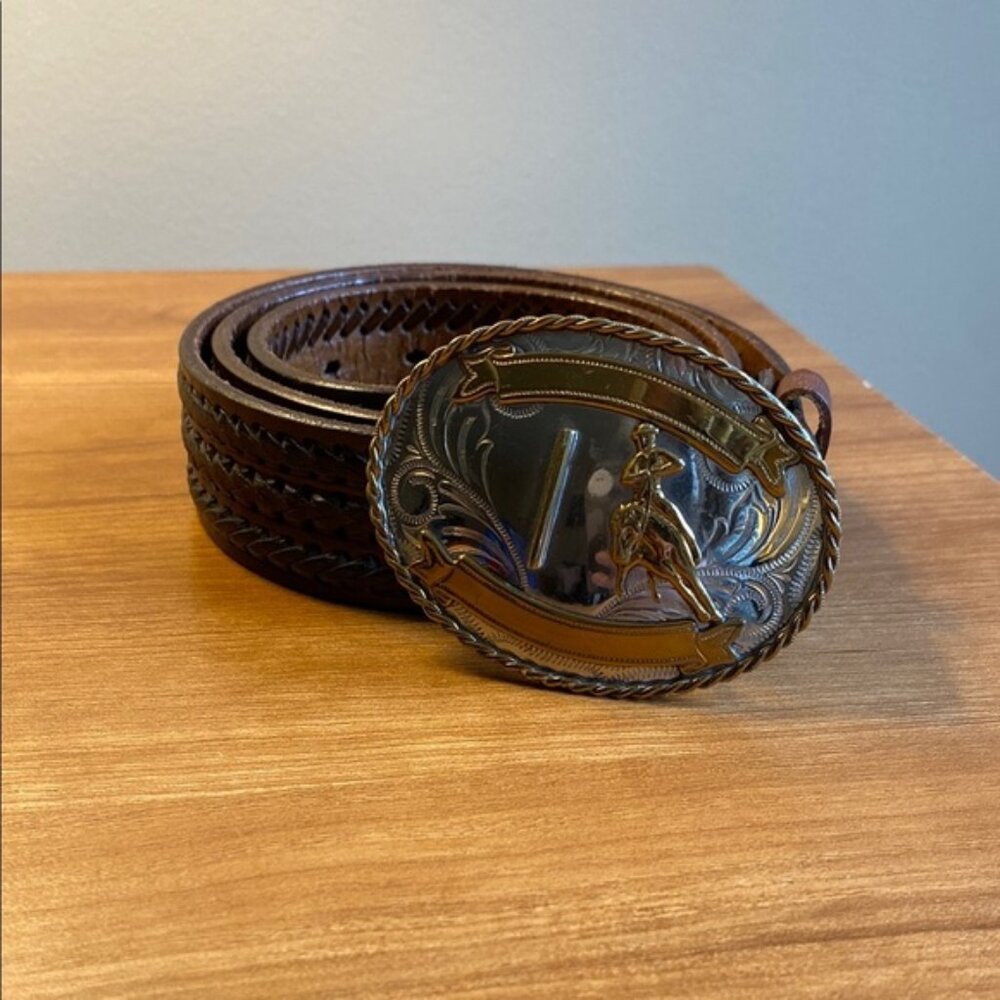 Vintage Metal Western Rodeo Belt Buckle leather handcrafted belt Men’s Size 38